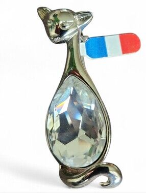 Vintage Kitty Kat Pushy Cat Brooch Rhodium Crystal Made in France